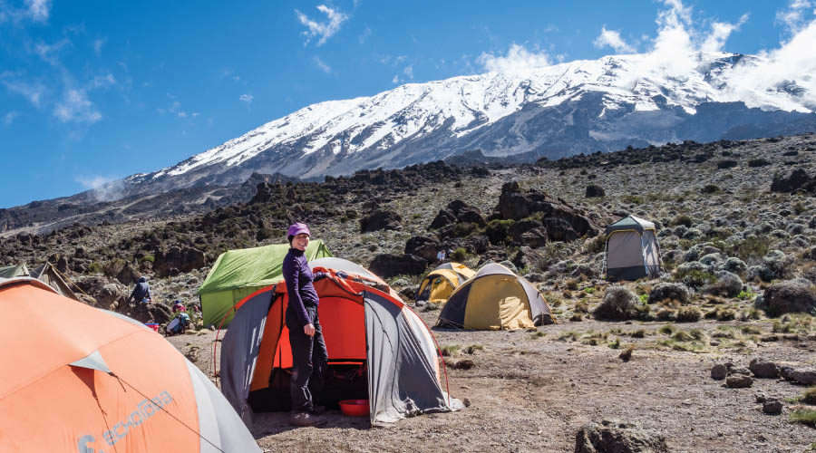 Colourful mountain camp below a snow-capped Kilimanjaro summit